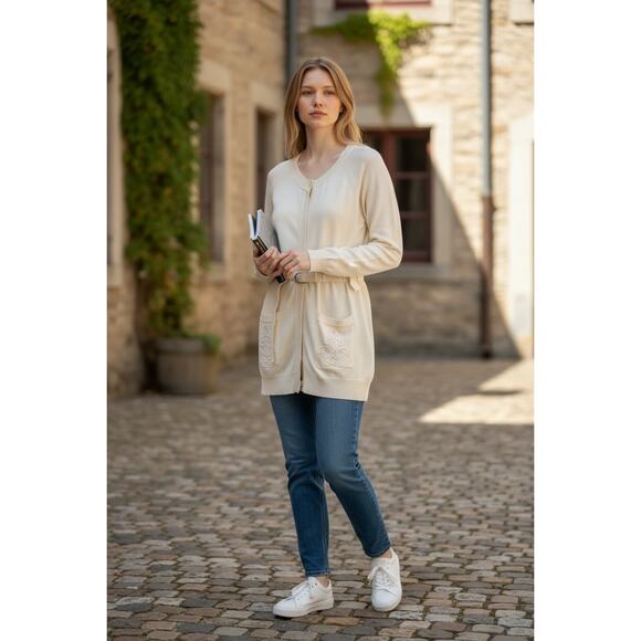 3.1 Phillip Lim Women’s Ivory Wool Cotton Button Up Belted Long Cardigan Size M - Picture 1 of 11